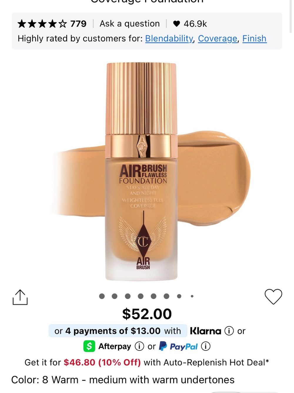 New Charlotte Tilbury Airbrush Flawless Foundation — 8 Warm (Medium Warm)
